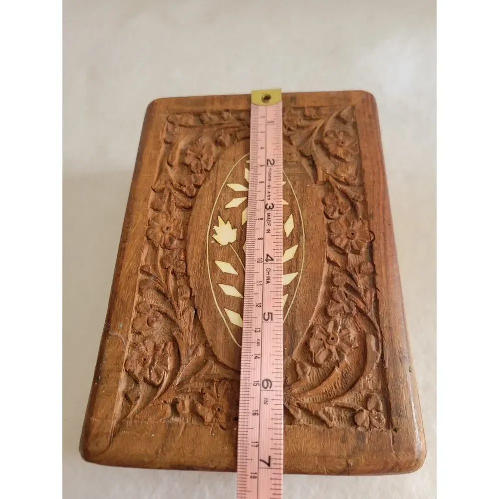 Vintage Hand Carved Wooden Jewelry Trinket Box Floral Inlay Keepsake Decor